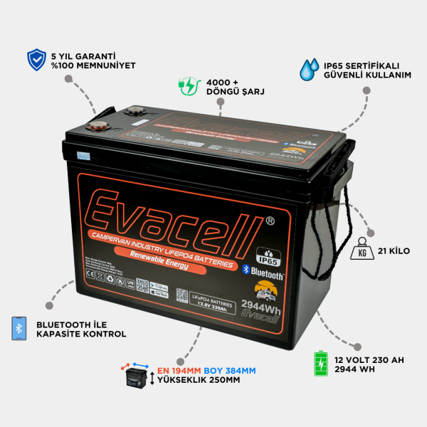 evacell 230 amper 12 volt lityum akü